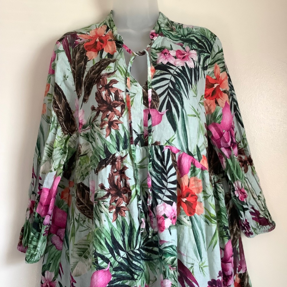 Le Ragazze Italy Linen Tropical Floral Tiered Babydoll Dress XL Mint Green Boho